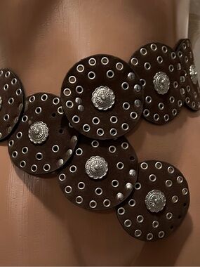 Brown Leather Western Concho Belt with Silver Accents